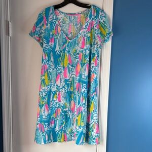 Lilly Pulitzer Blue Teal Pink Yellow Sailboat Print Dress